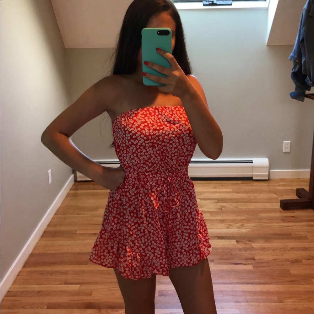 Red & White Strapless Romper